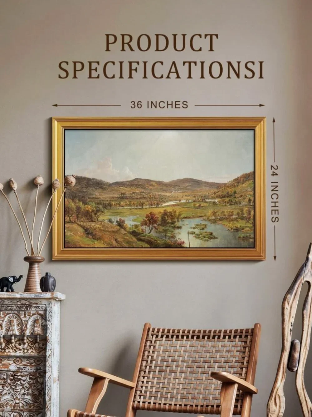 Large Gold Framed Autumn River Valley Wall Art - 24x36 Inch Home Decor